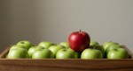 Red apple in tray of green apples representing contrarian thinking