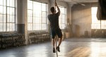 Person climbing rope in CrossFit gym