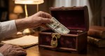 Hand placing money into locked gilded box